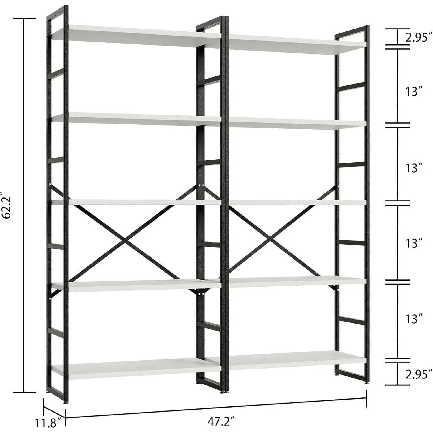Two Piece Five Tier White Bookshelf Set Industrial Modern Bookcase For Living Room Office from PriceLows™