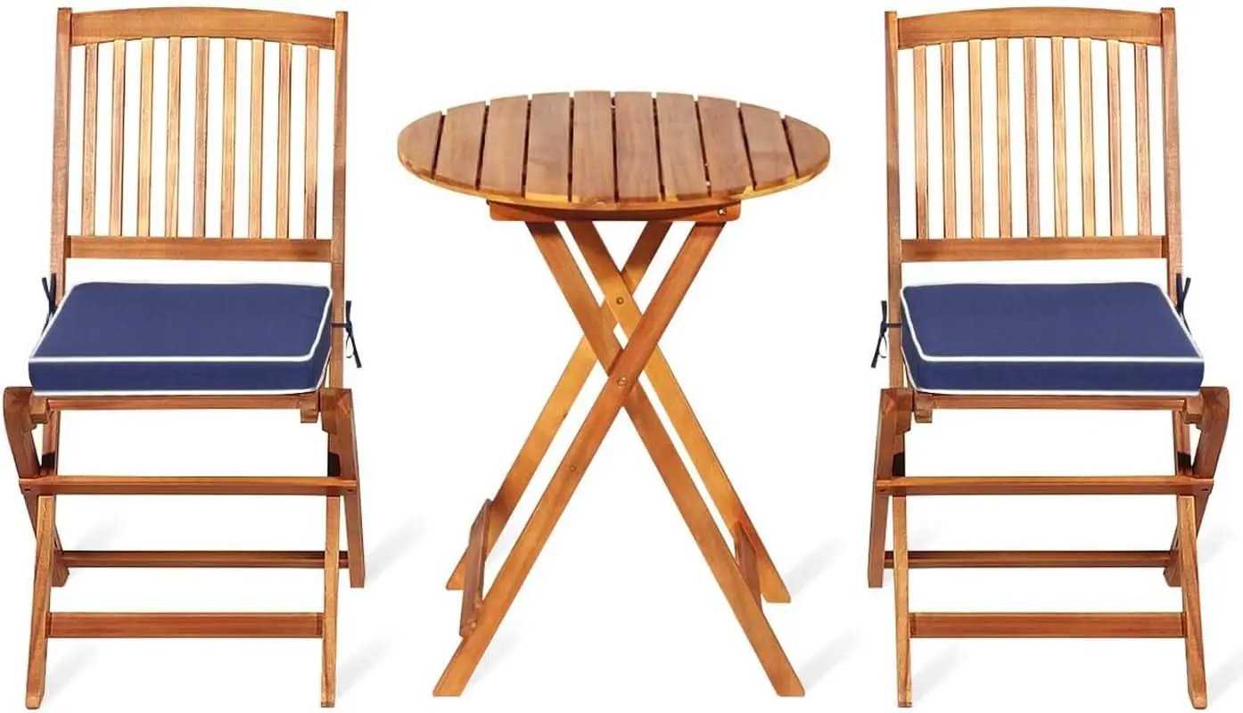 Patio Bistro Set With Wood Table And Navy Cushioned Chairs from PriceLows™