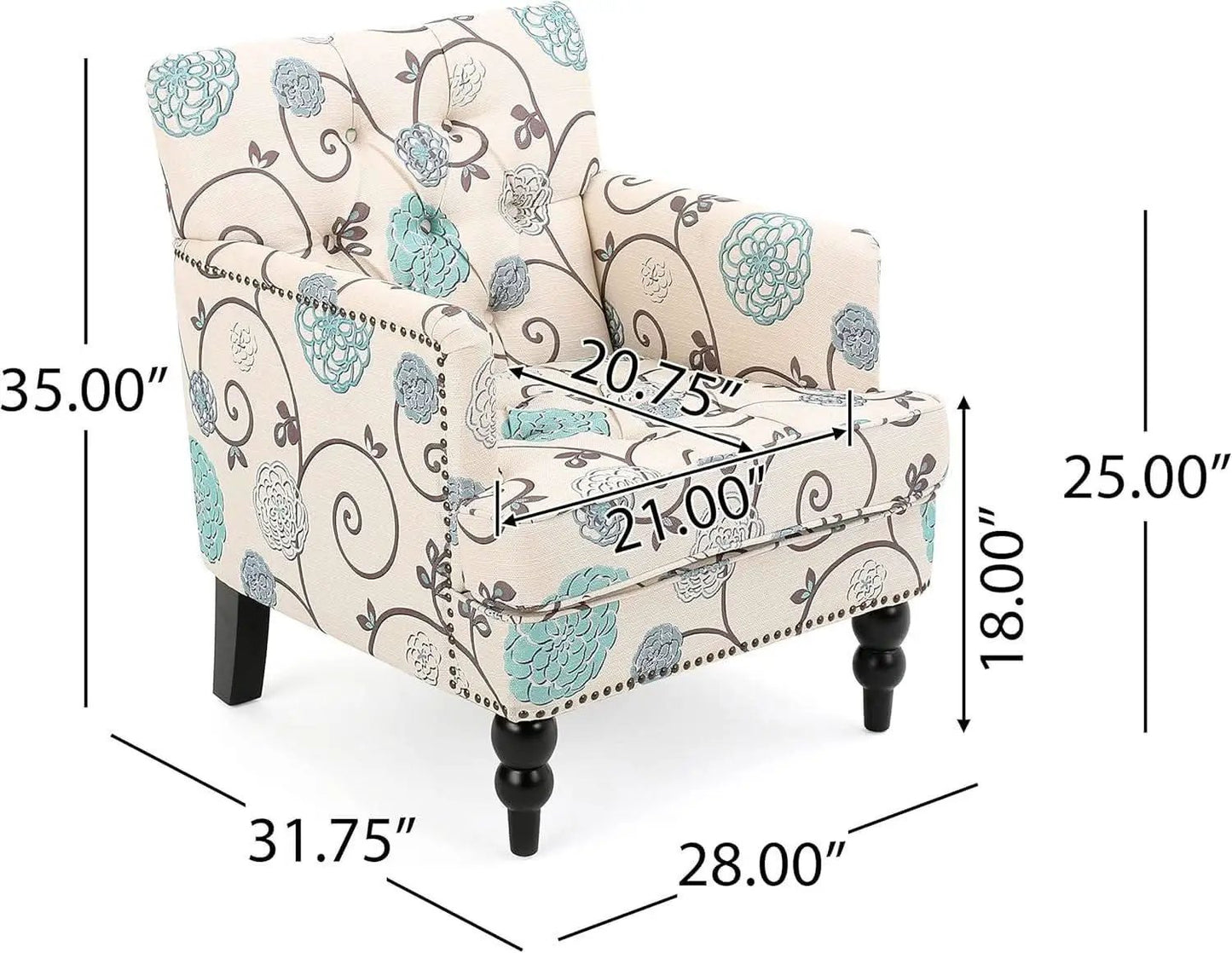 Floral Tufted Club Chair In White And Blue Polyester from PriceLows™