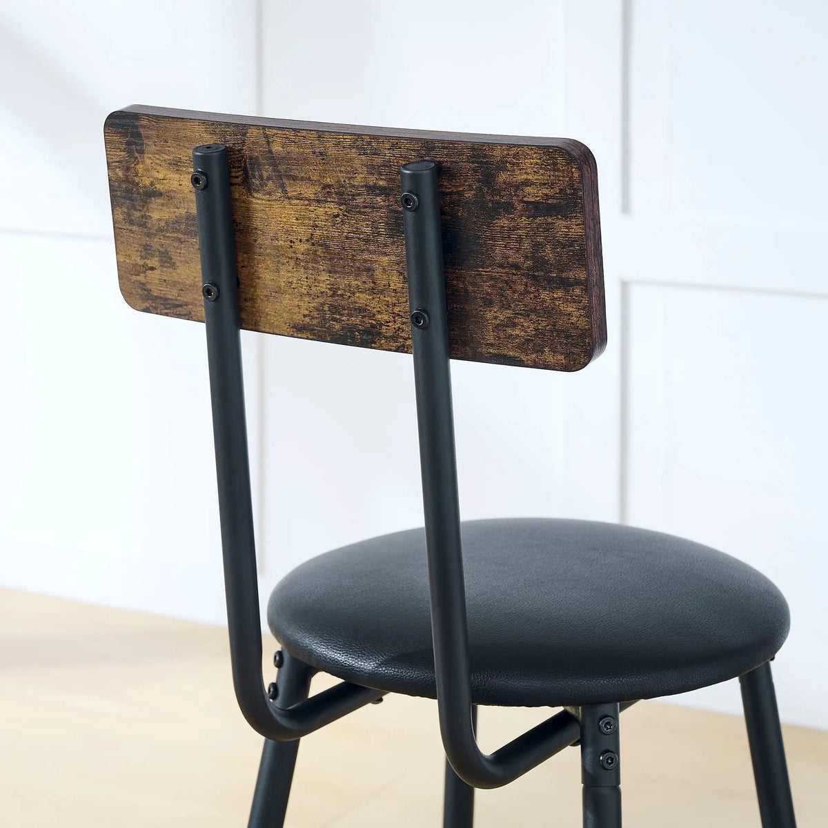 Round Bar Table And Stool Set | Rustic Antique Brown | Upholstered Backrest Stools | Shelf Storage