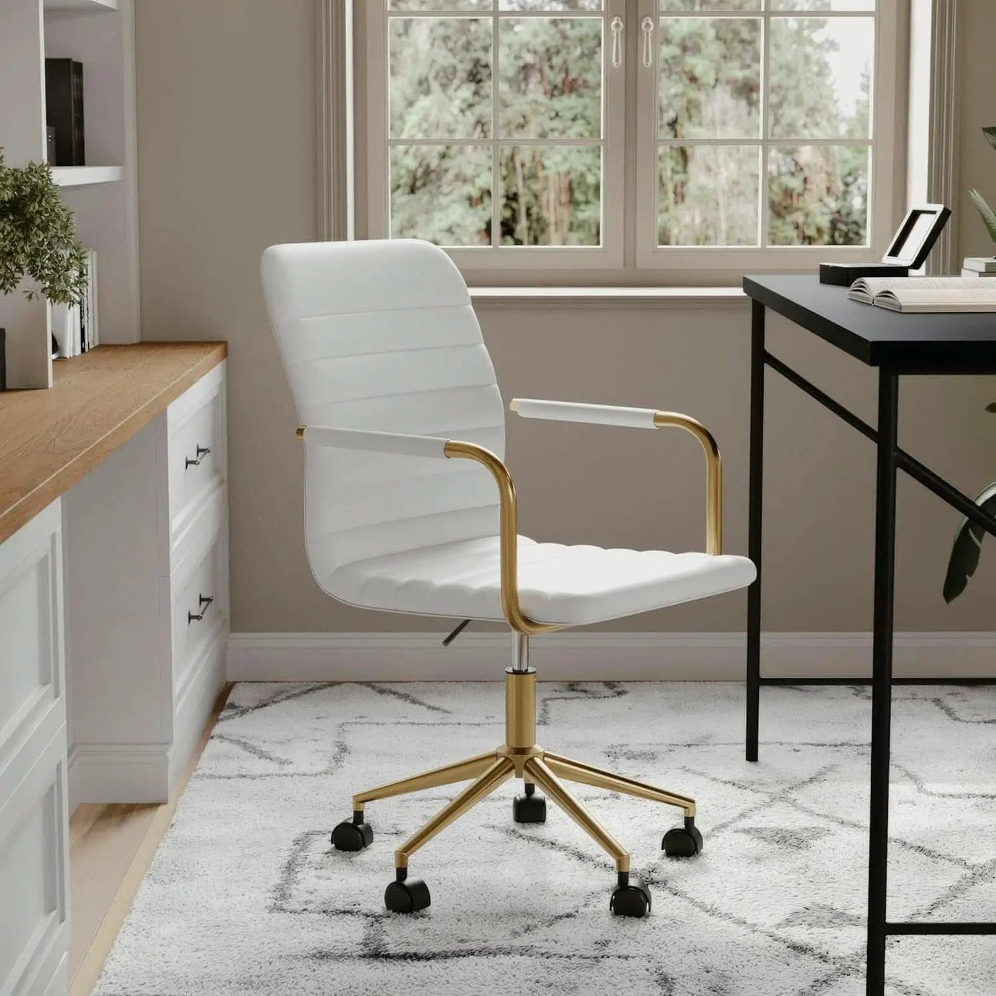 Taytum Swivel Task Chair White Faux Leather Brass Frame from PriceLows™