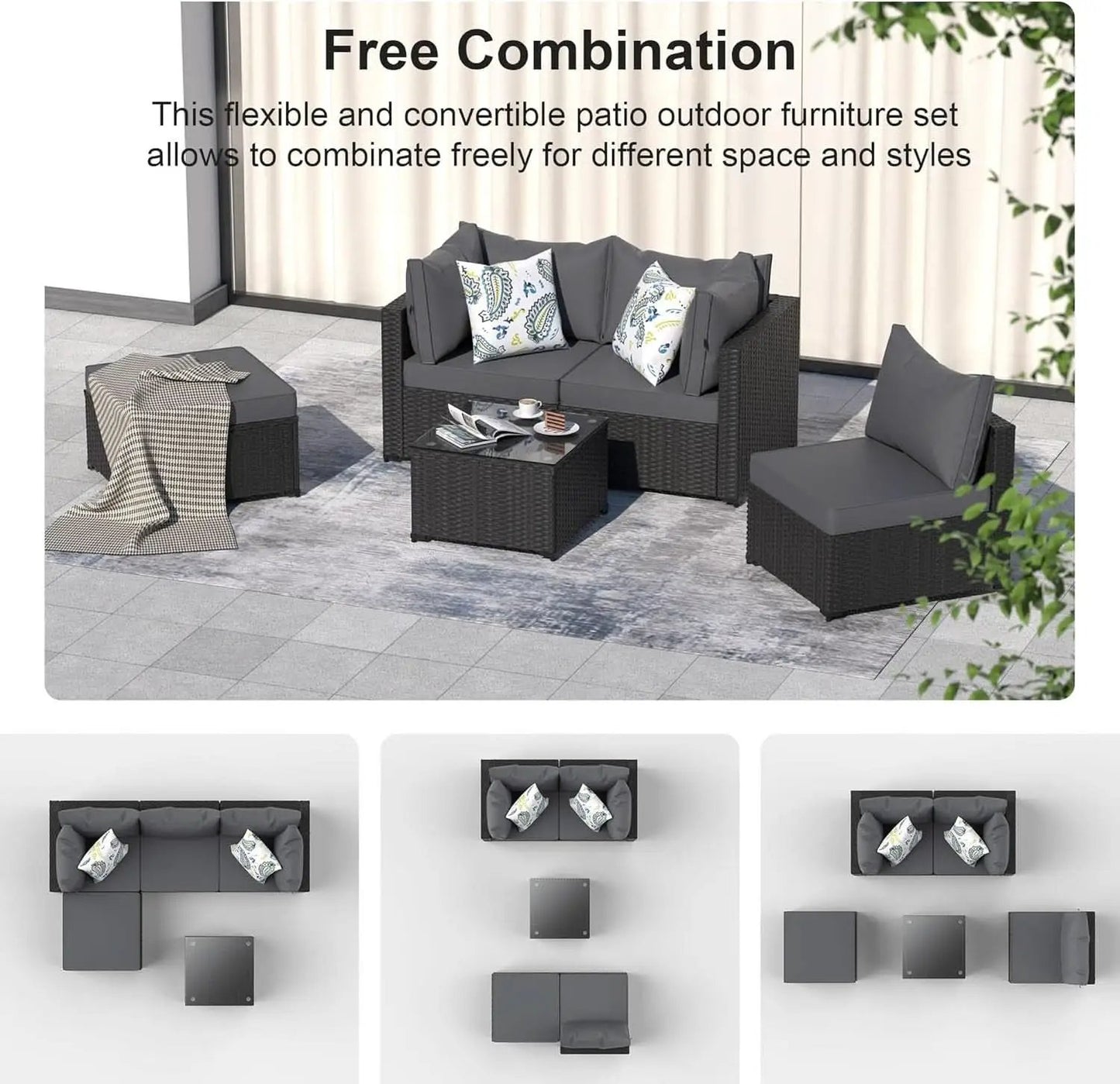 5 Piece Patio Furniture Set Waterproof Rattan Grey Cushions from PriceLows™