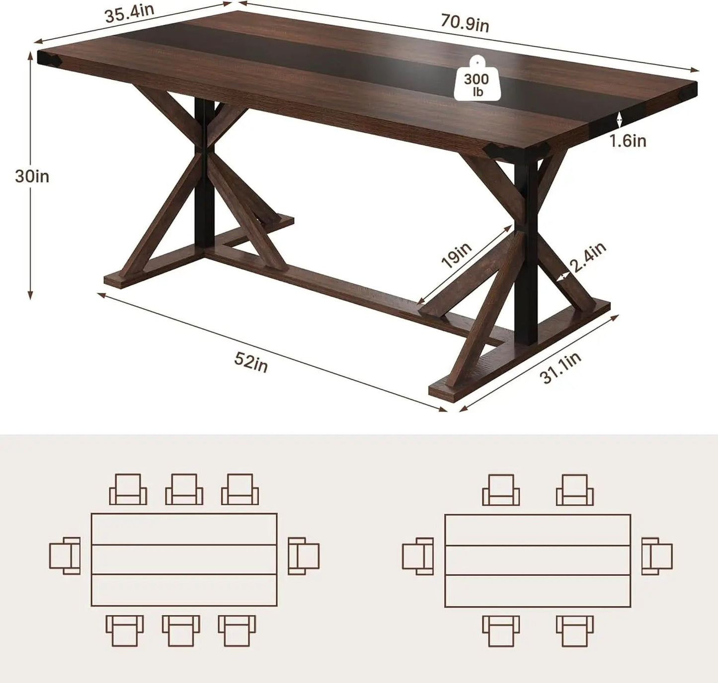 71 Inch Farmhouse Dining Table Waterproof Wood Grain Top from PriceLows™