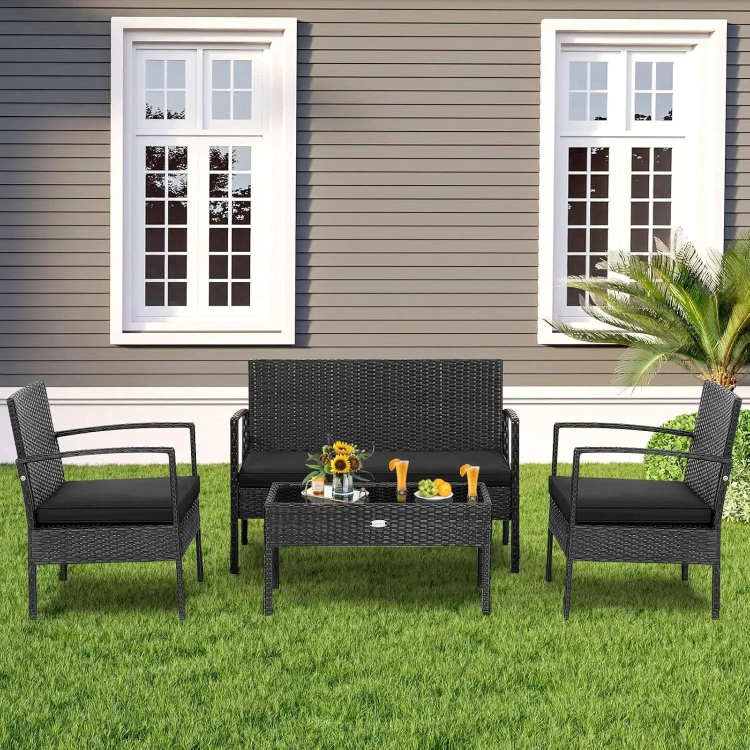 4 Piece Patio Rattan Conversation Set Glass Coffee Table from PriceLows™