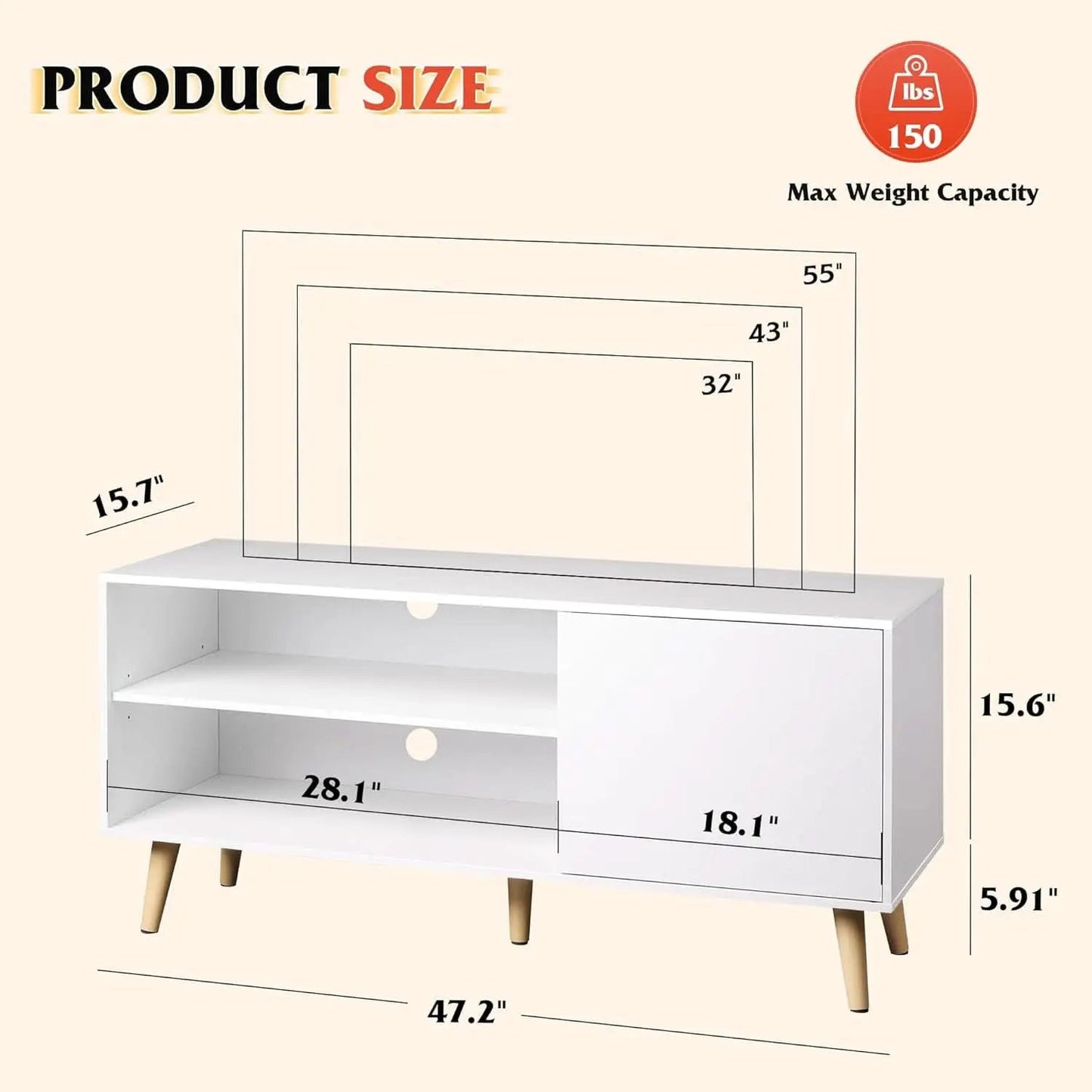 55-Inch TV Stand White Mid-Century Modern Storage Shelves from PriceLows™