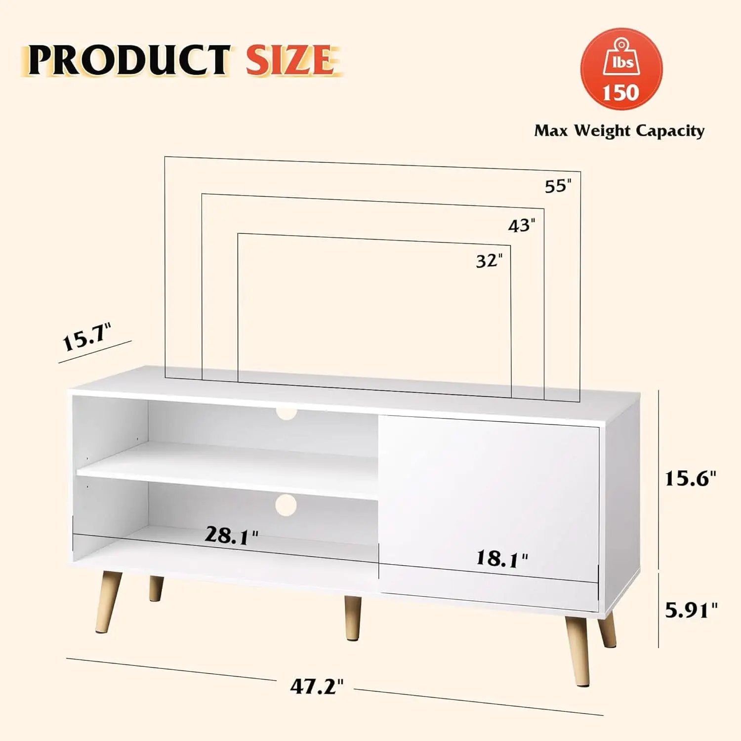 55-Inch TV Stand White Mid-Century Modern Storage Shelves from PriceLows™