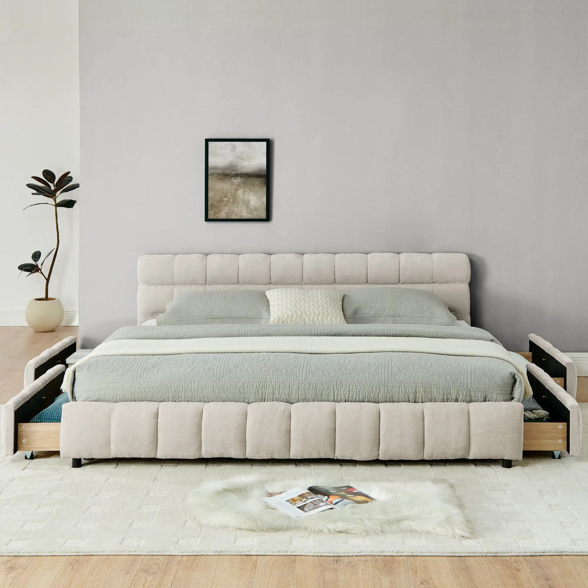 Modern Platform Storage Bed Frame | Thick Fabric Upholstery | Soft Headboard | Solid Construction