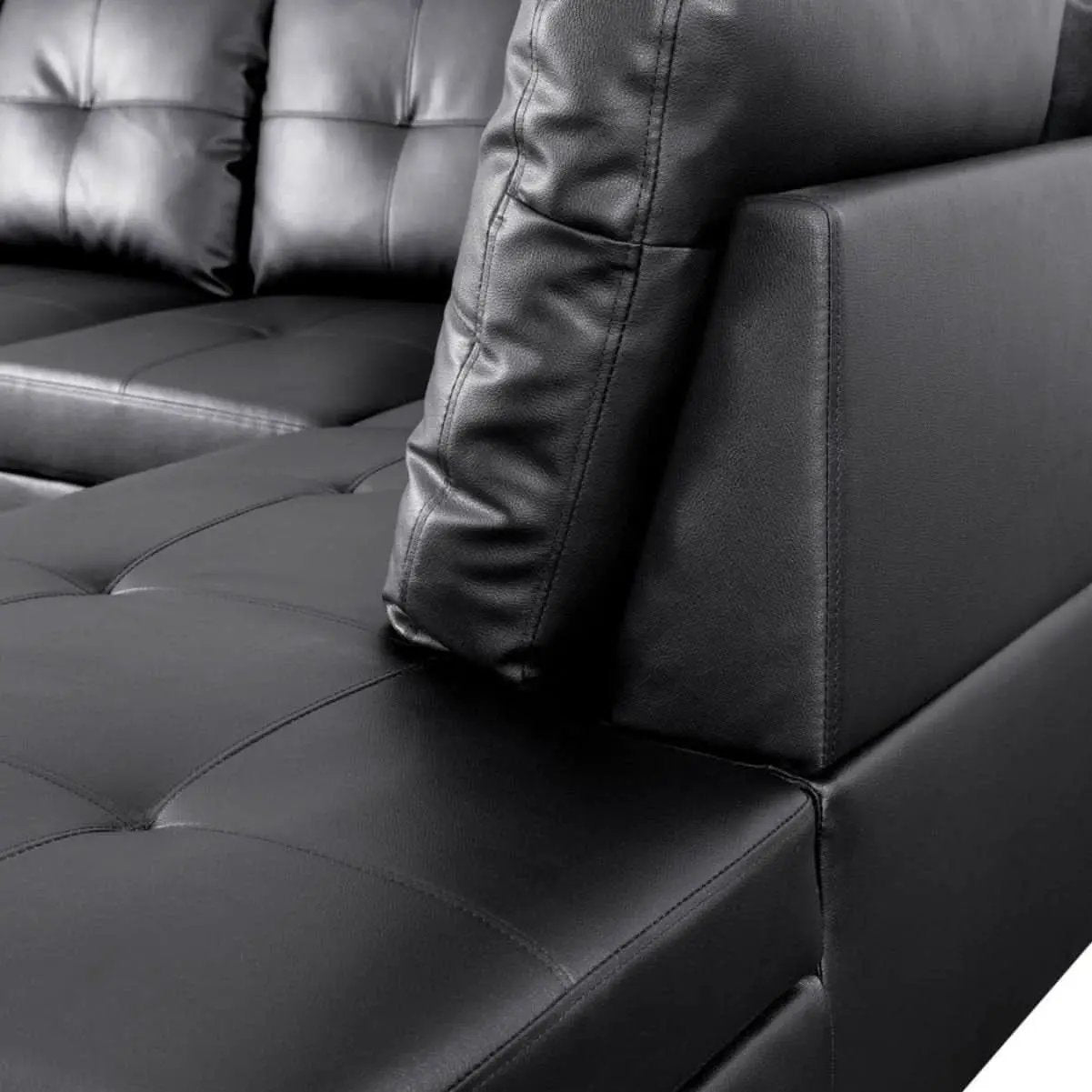 Black L Shaped 3 Piece Faux Leather Sofa Set With Storage Ottoman from PriceLows™