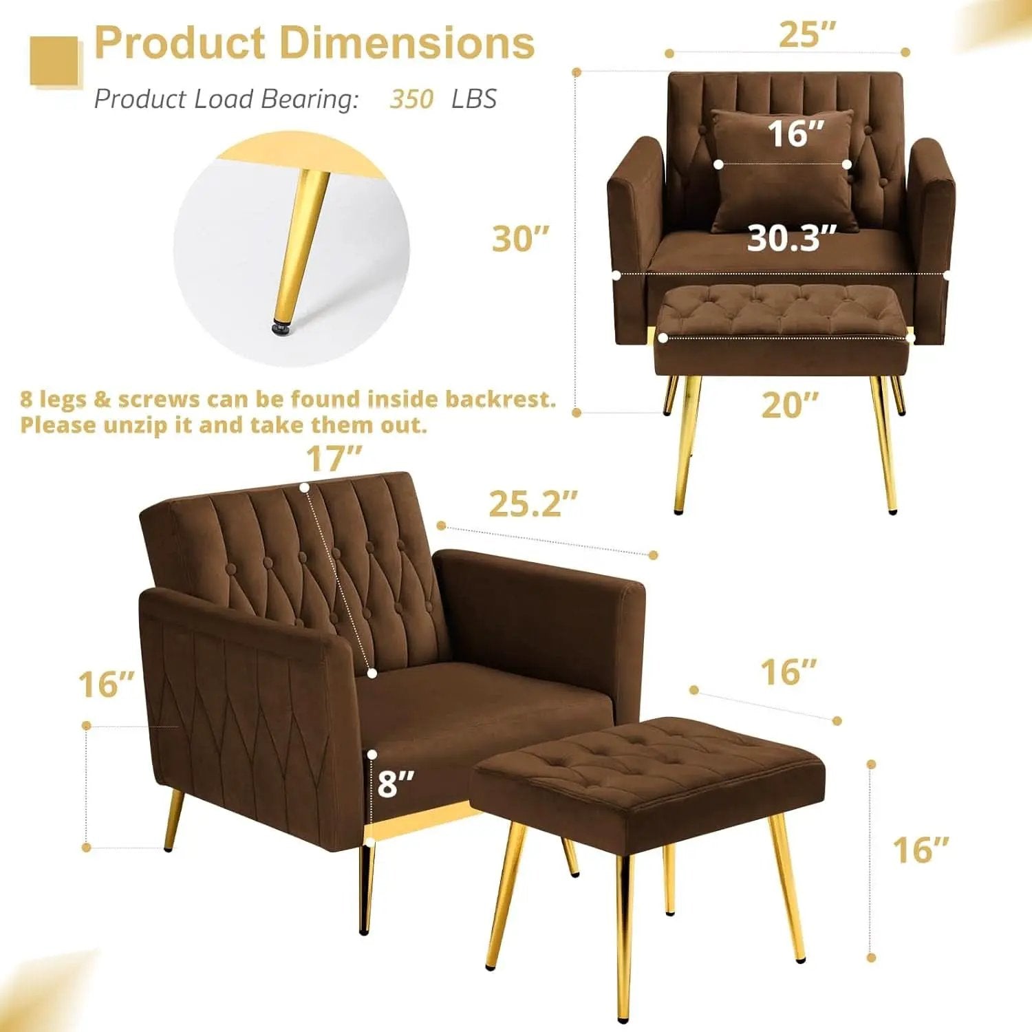 2 Piece Velvet Sofa Set With Adjustable Armrests, 70 Inch Convertible Futon Sofa Bed, Brown from PriceLows™
