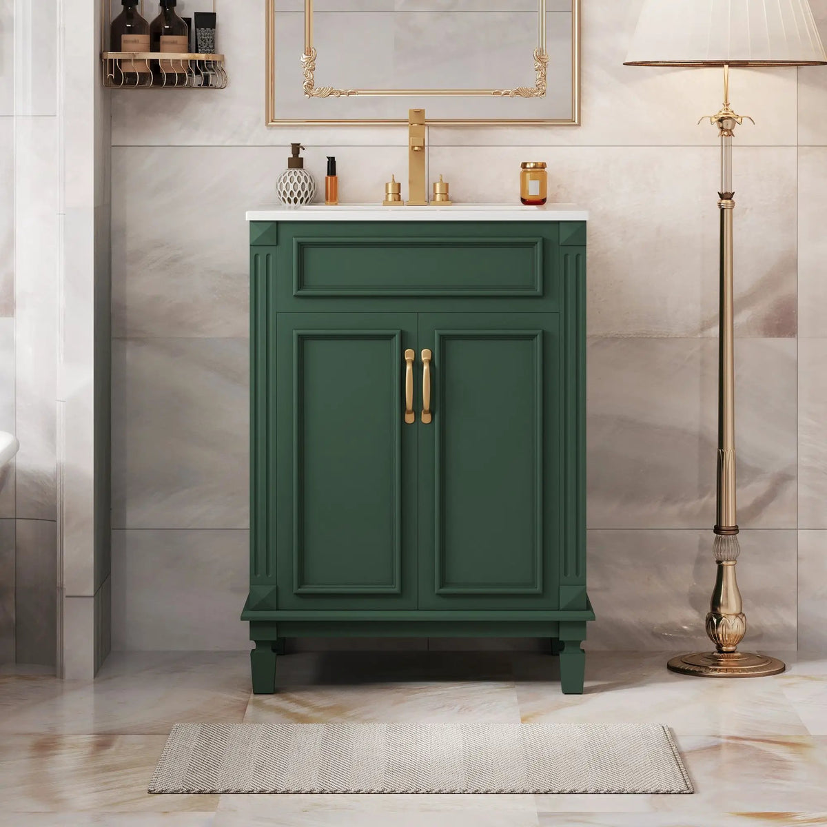 24 Inch Bathroom Vanity With Top Sink | Rubberwood Frame | 2 Soft Closing Doors | Glossy Ceramic Basin
