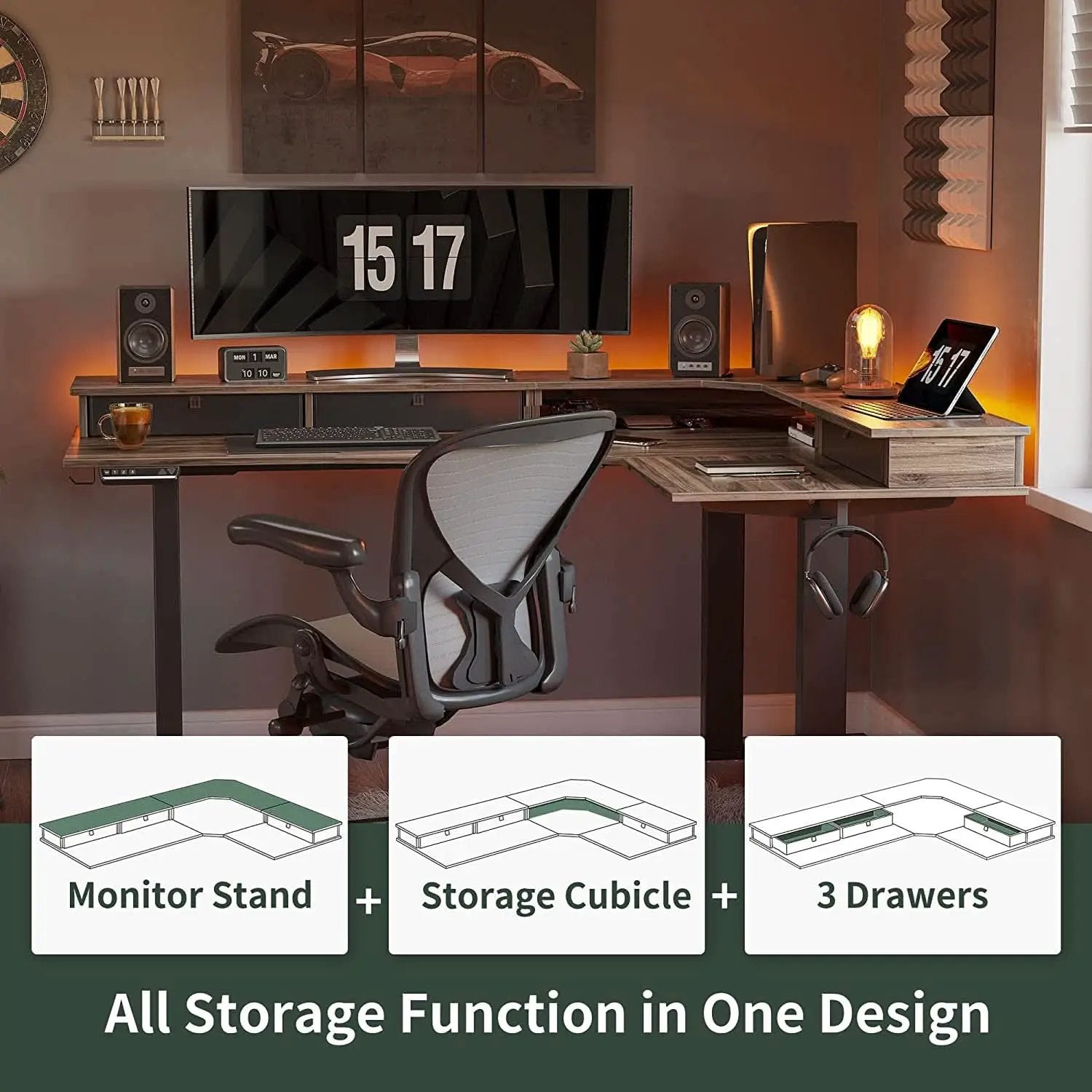 63 Inch L Shaped Electric Standing Desk With Drawers from PriceLows™