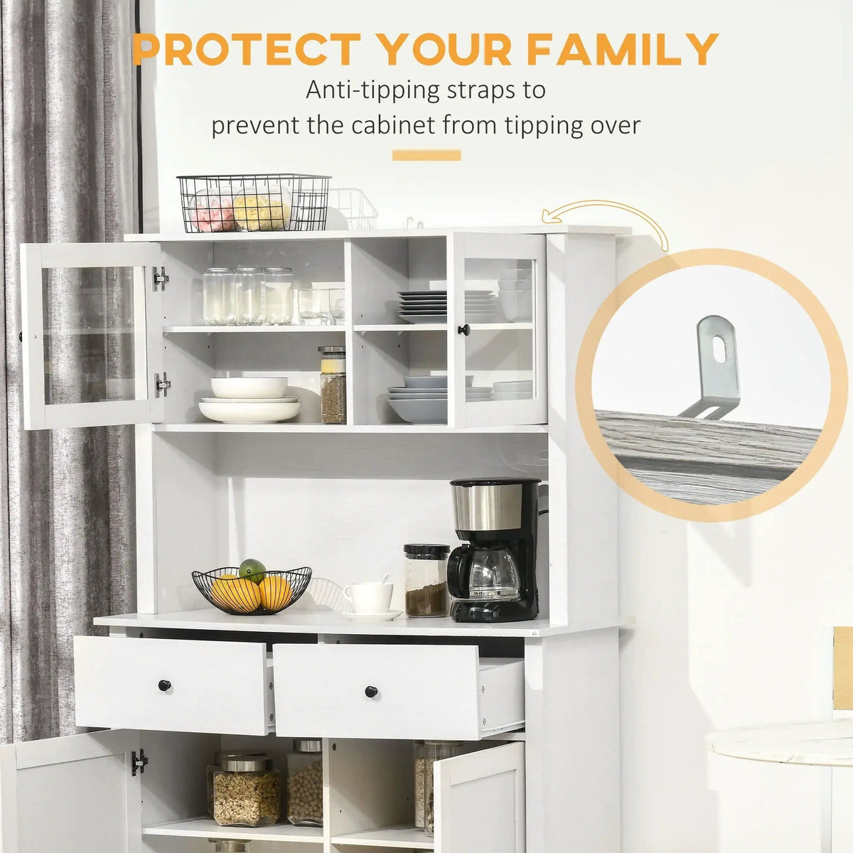 Homcom 63.5" Kitchen Buffet With Hutch, Pantry Storage Cabinet With 4 Shelves | 41 x 17.3 x 63.5 in | Glass & Wood | Antique White