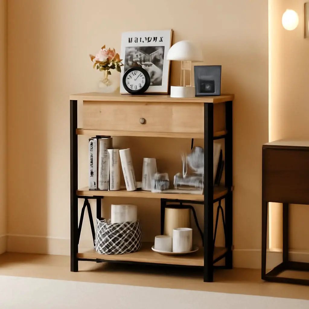 Rustic Oak 3 Tier Bookshelf With Drawer Industrial Wood And Metal Bookcase from PriceLows™