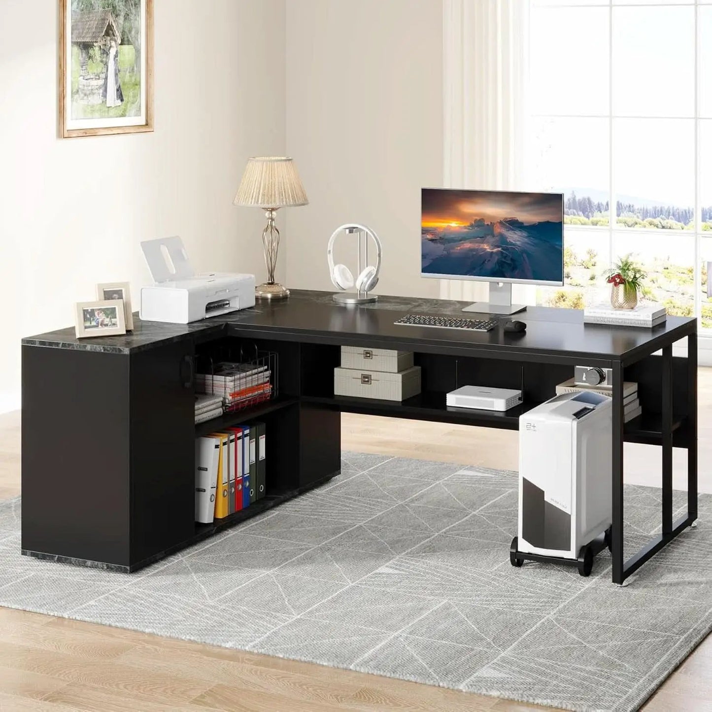 71 Inch Black L Shaped Executive Desk With Storage from PriceLows™