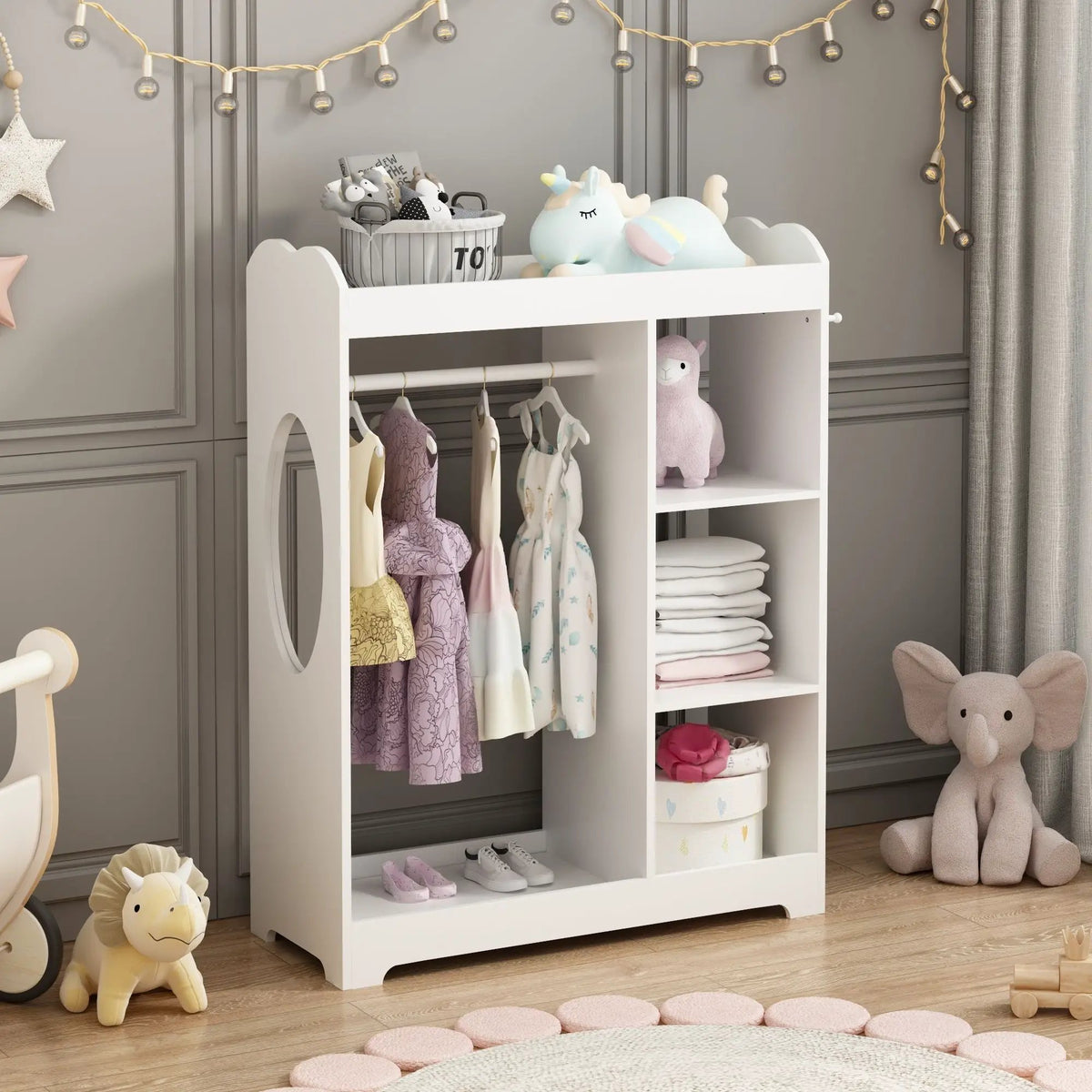 Toddler Dress Up Rack | Full Length Mirror | 3 Side Hooks | White
