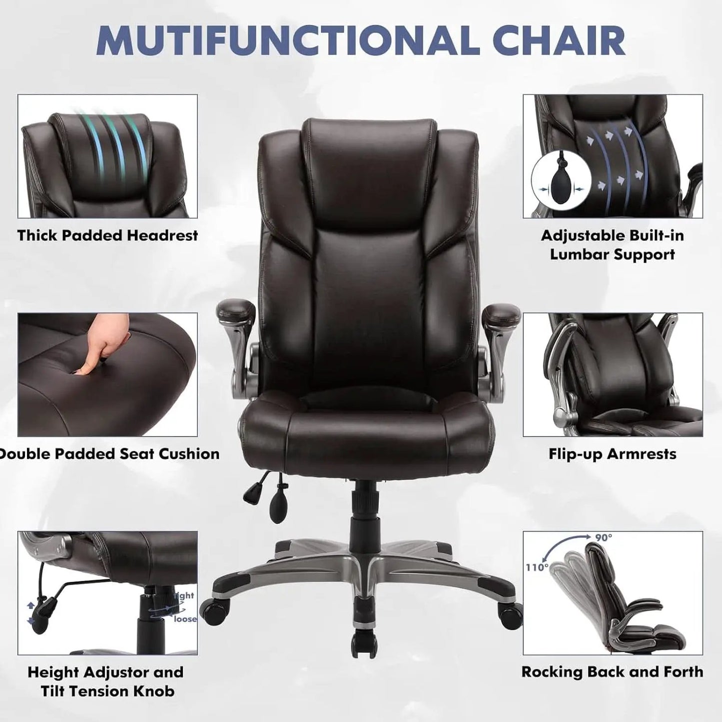 Two Brown Leather Executive Office Chairs Set With Adjustable Rolling from PriceLows™