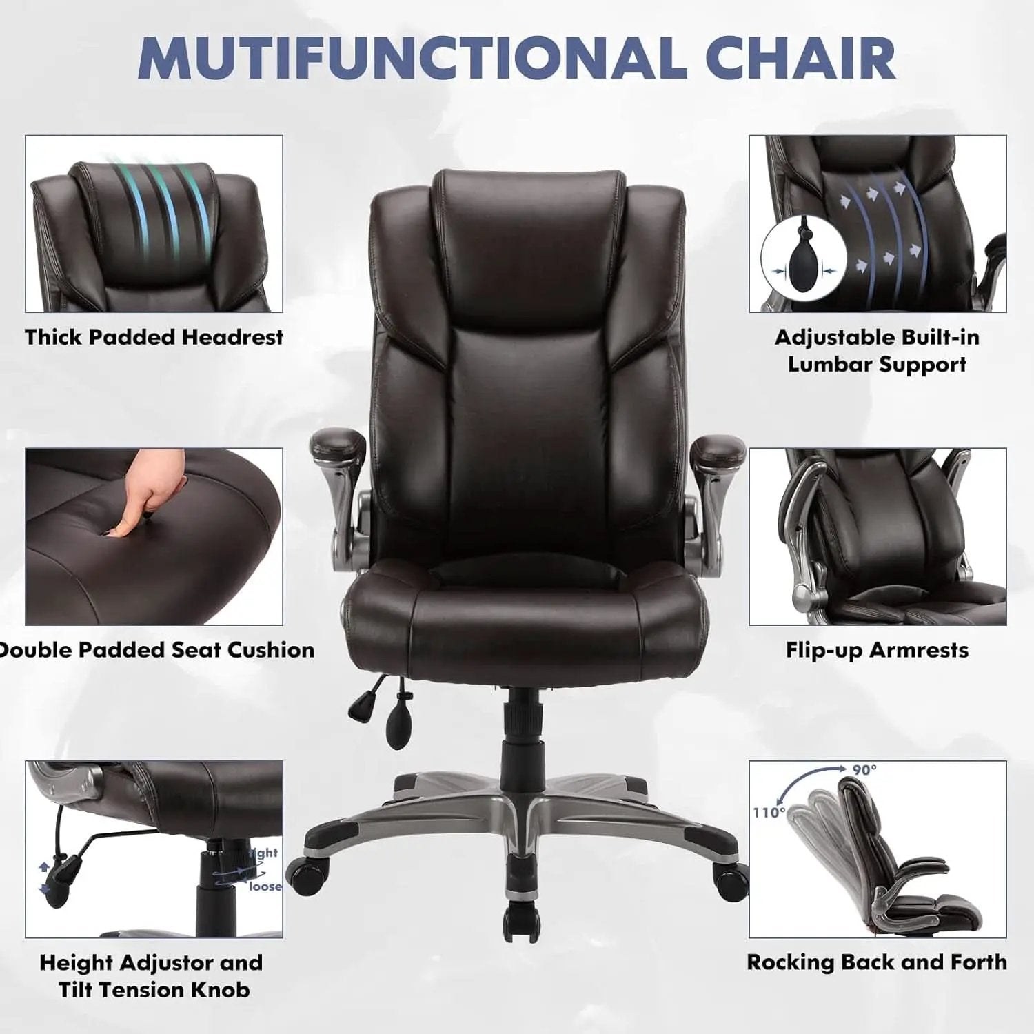 Two Brown Leather Executive Office Chairs Set With Adjustable Rolling from PriceLows™