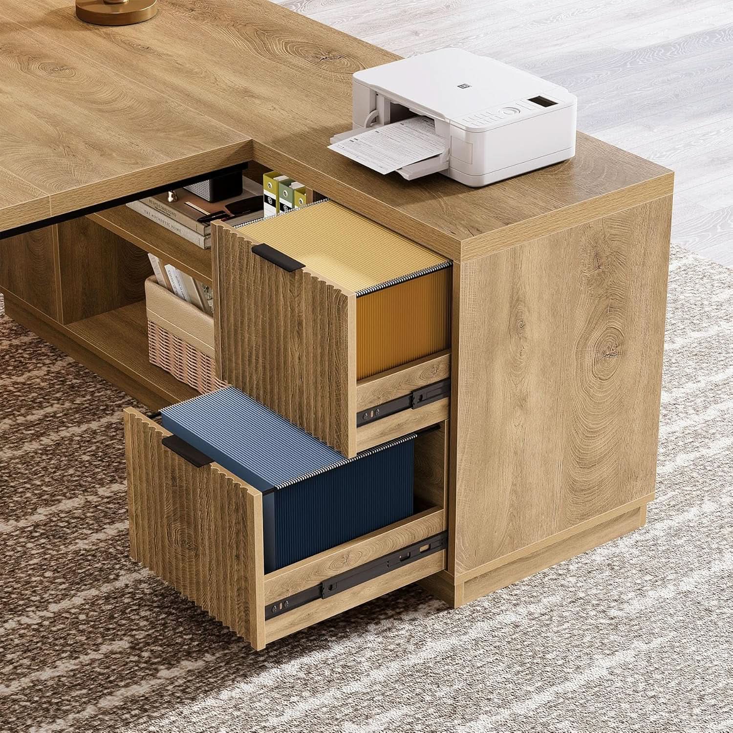 Executive Corner Desk 78 Inch Drawers Brown Shelves from PriceLows™