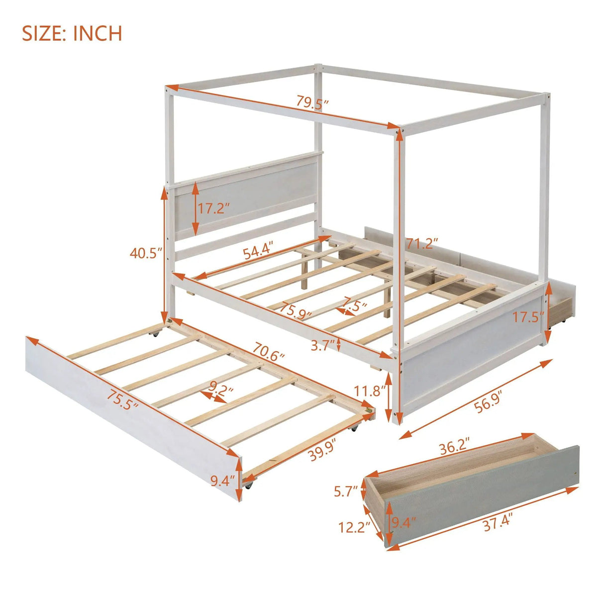 Canopy Platform Bed | Wooden Frame | Built-In Drawers | Brushed-Effect Finish