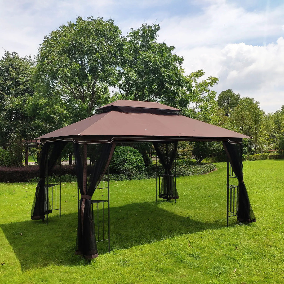Outdoor Patio Gazebo | 13x10ft Double Roof | Mesh Screens | Brown