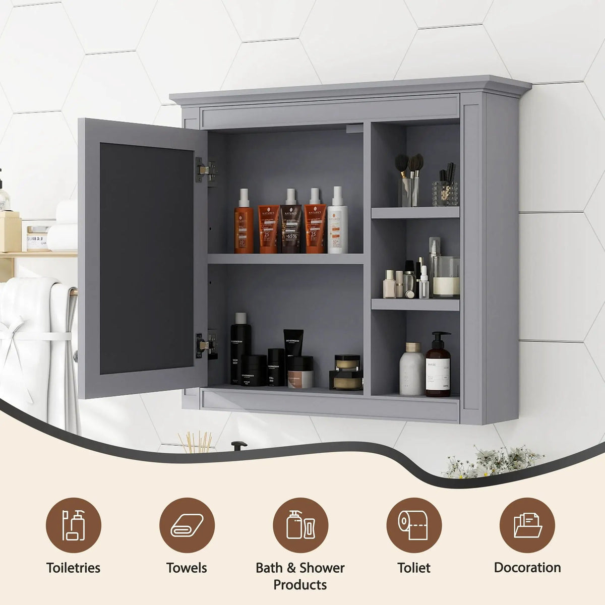 Modern Wall Mounted Medicine Cabinet | 3 Open Shelves | Mirror Door