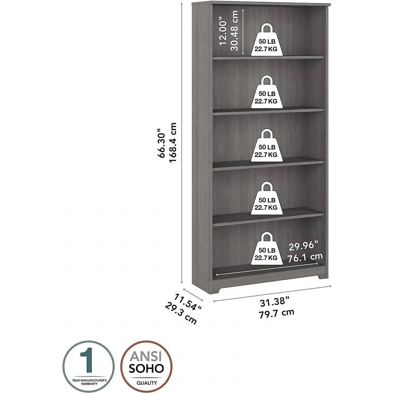 Bush Furniture Cabot Tall 5 Shelf Bookcase Modern Gray from PriceLows™