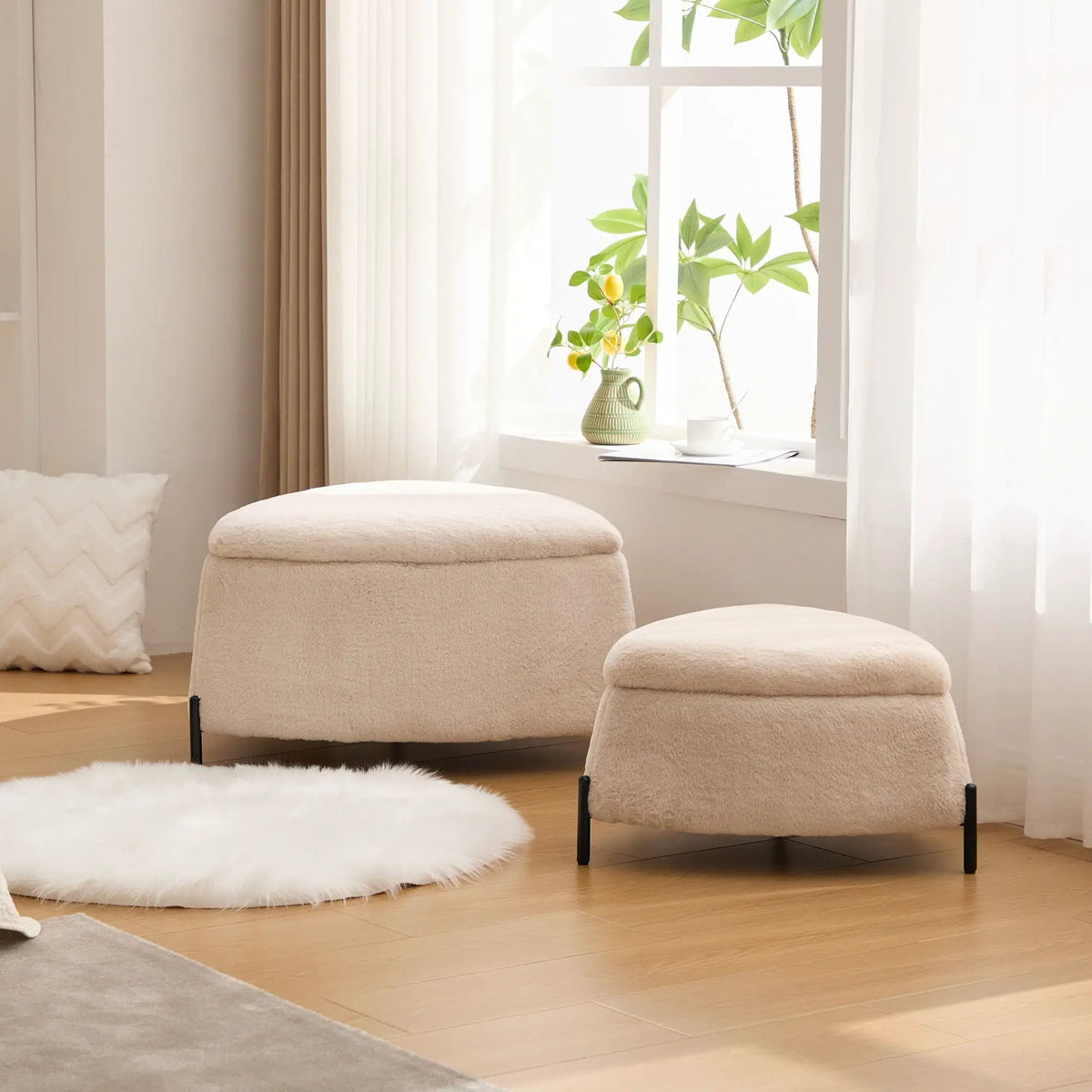 Storage Ottoman Set | Upholstered Faux Fur | Reversible Lid | Solid Wood Frame