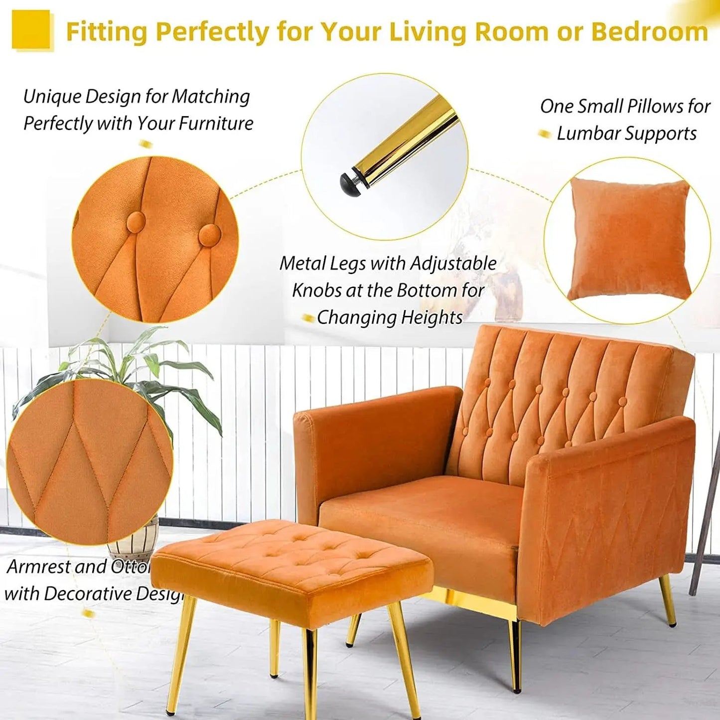 Orange Velvet Accent Chair With Adjustable Armrests And Backrest from PriceLows™