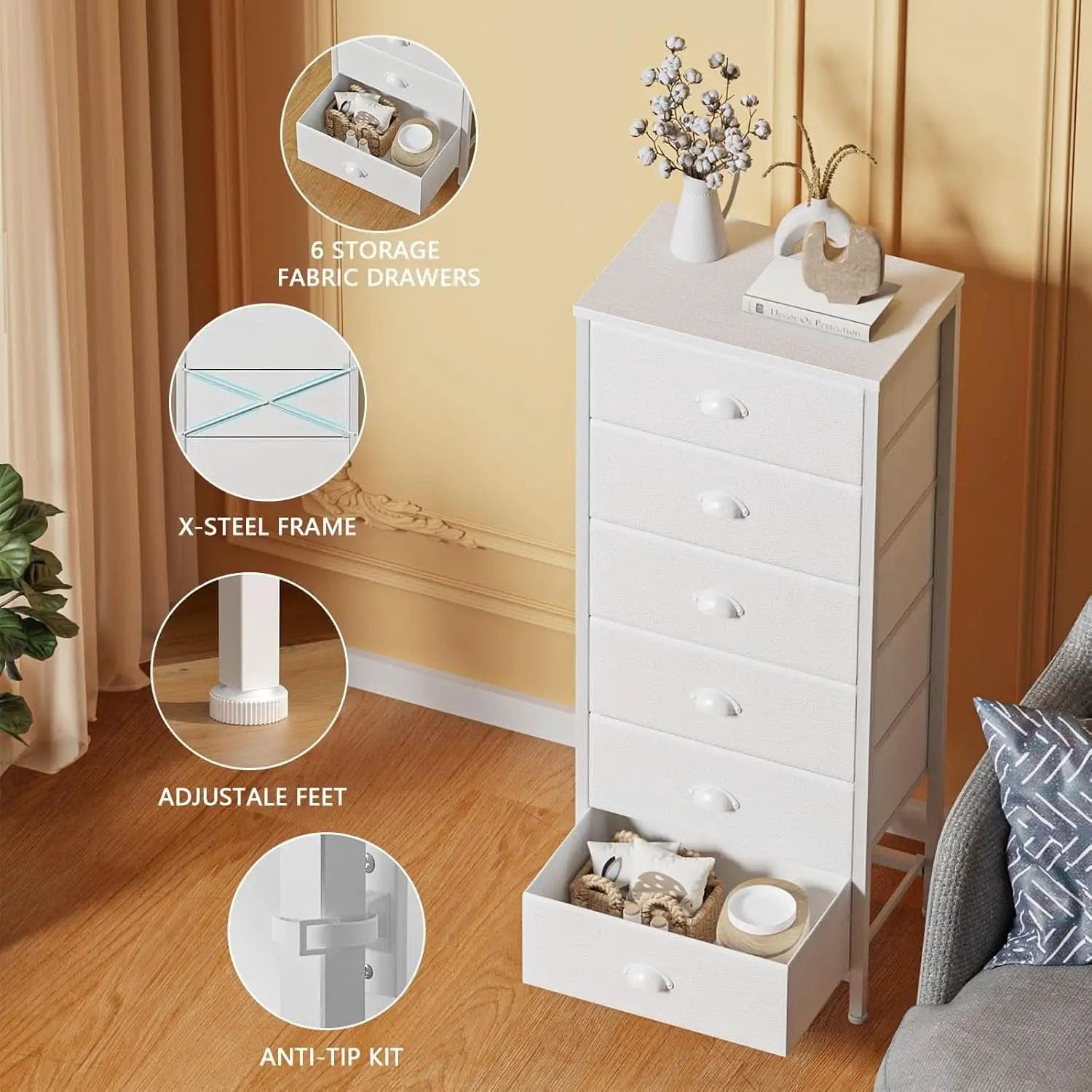White Tall Dresser With Six Fabric Drawers For Organization from PriceLows™