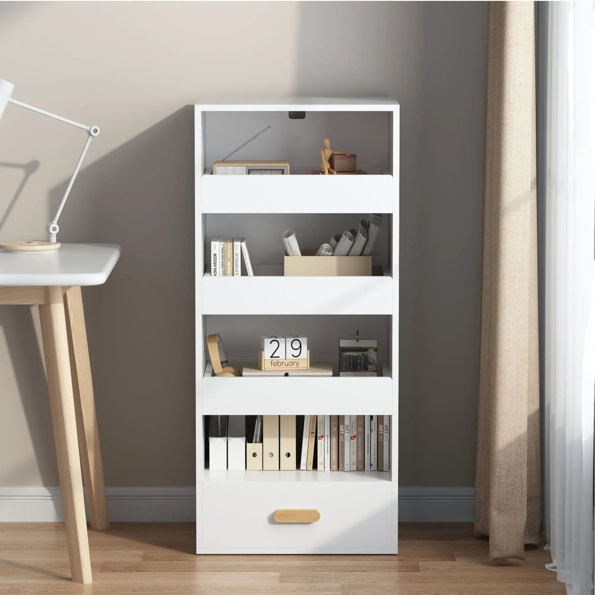 4 Tier Freestanding Bookshelf With 3 Sliding Drawers And 1 Bottom Drawer - Bookcase | 18.9 x 14.96 x 42.13 in | Engineered Wood | White