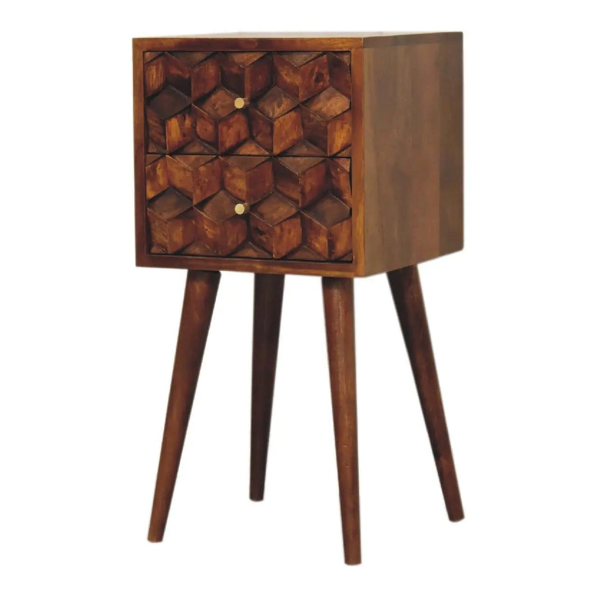 Mini Cube Carved 2 Drawer Nightstand | 12.2 x 11.81 x 24.41 in | Mango Wood & Brass | Bedroom