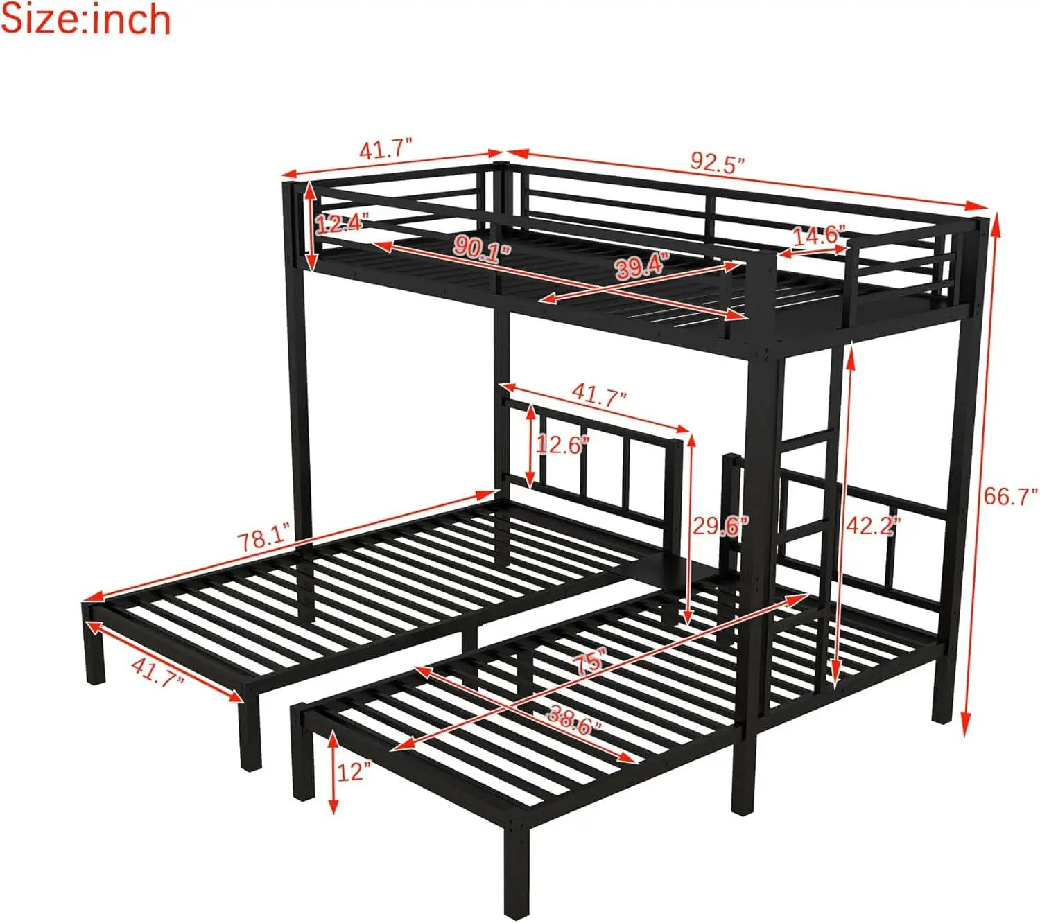 Triple Bunk Bed For Kids Metal Twin Over Twin Black from PriceLows™