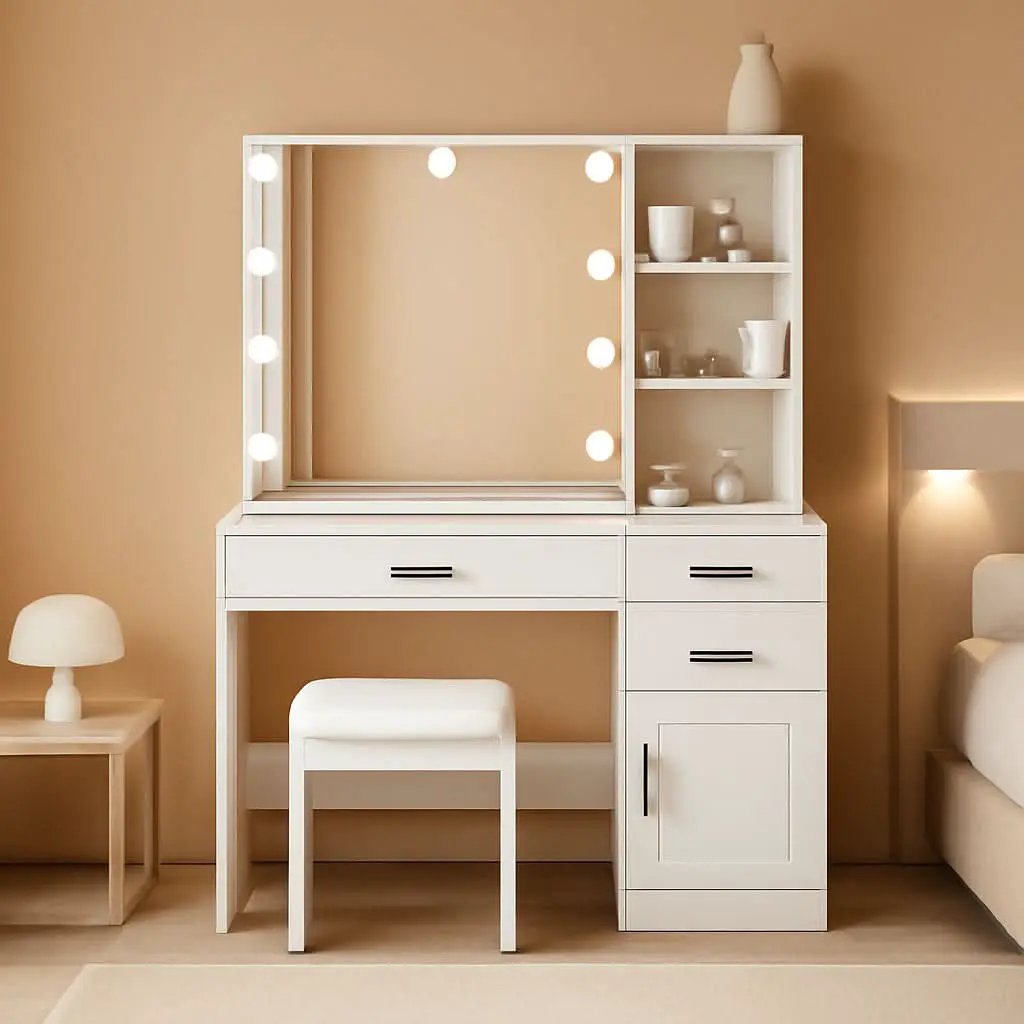 White Luxury Vanity Desk With Lighted Hollywood Mirror from PriceLows™
