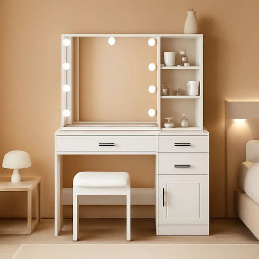 White Luxury Vanity Desk With Lighted Hollywood Mirror from PriceLows™