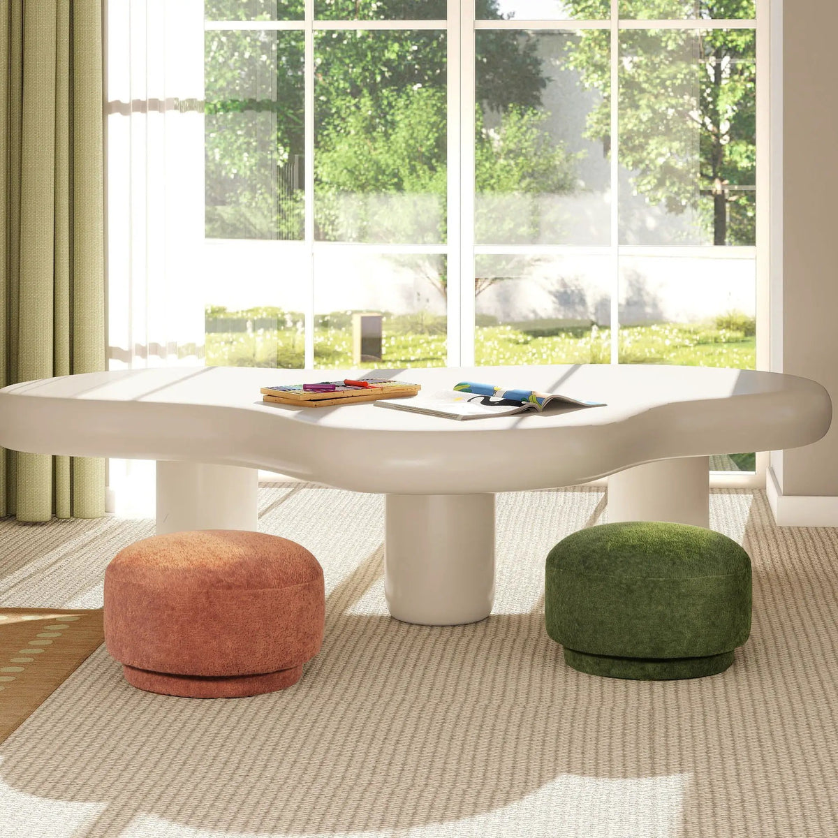Fuji Mushroom Footstool Ottoman | Faux Shearling Upholstery | 15 Inch Diameter | Compact Size