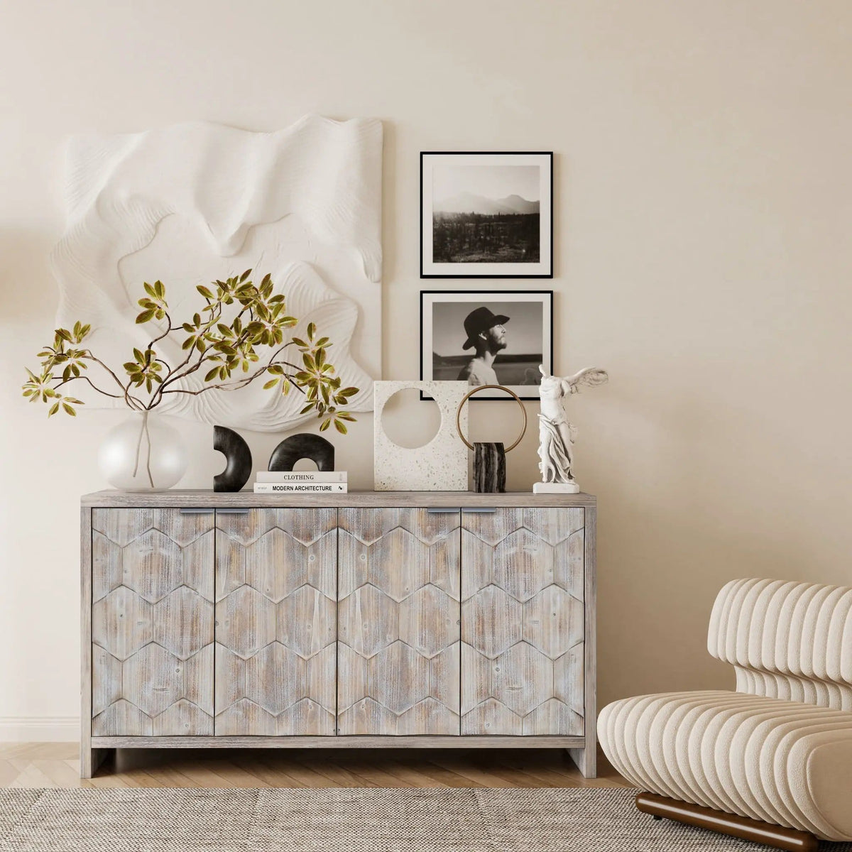 Accent Cabinet Farmhouse Style 4 Door Wooden Cabinet Sideboard Buffet Server Cabinet | 59.84 x 15.7 x 31.49 in | Metal & Wood | Dining Room