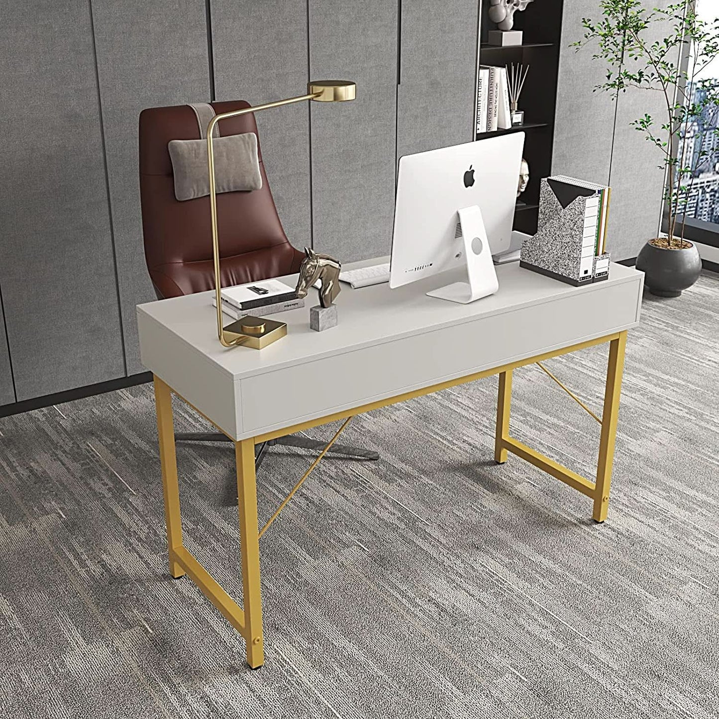 White Home Office Desk With Drawer And Monitor Stand from PriceLows™