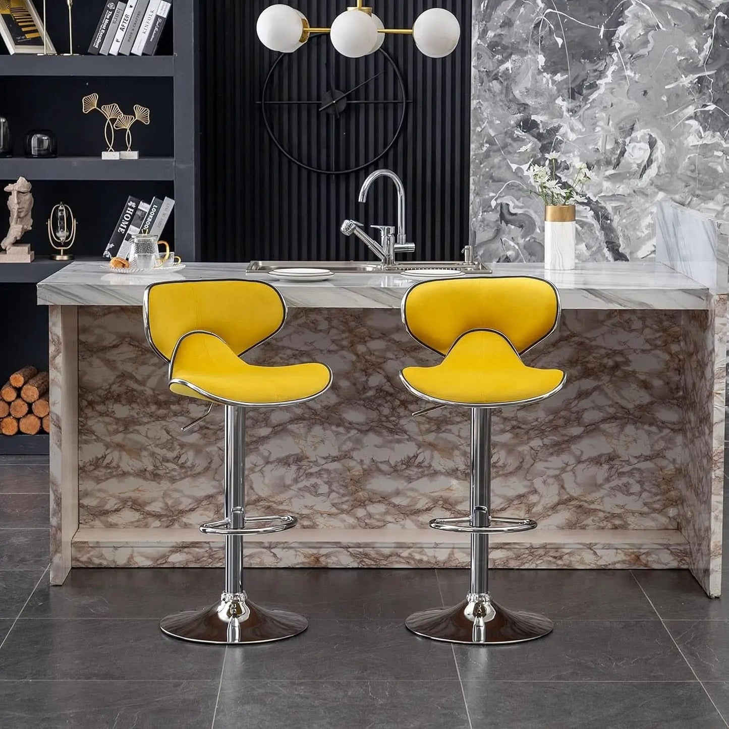 Masaccio Velvet Adjustable Swivel Bar Stool Set Of 2 Yellow from PriceLows™