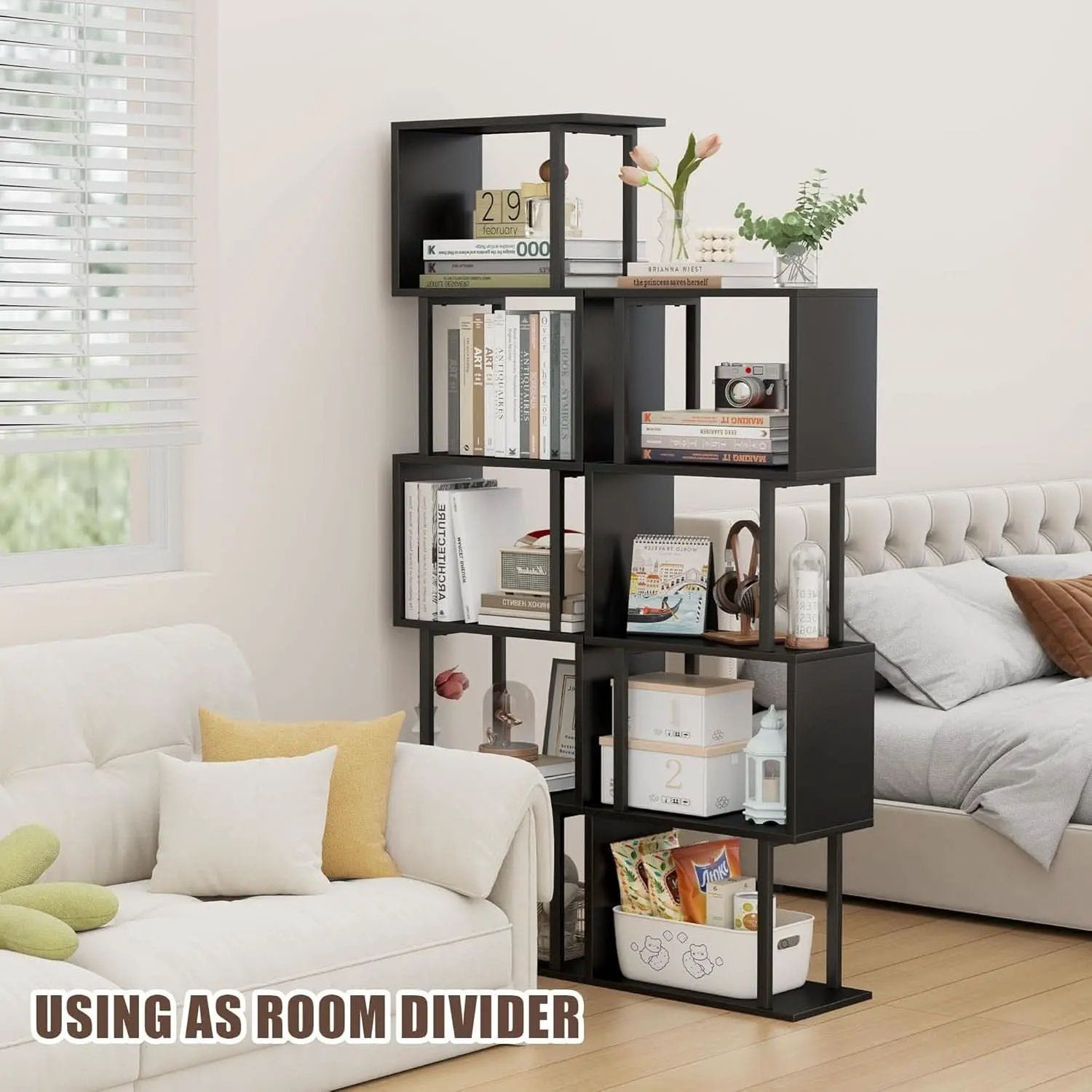 5 Tier S Shaped Bookcase Black Wood And Metal Livingroom from PriceLows™
