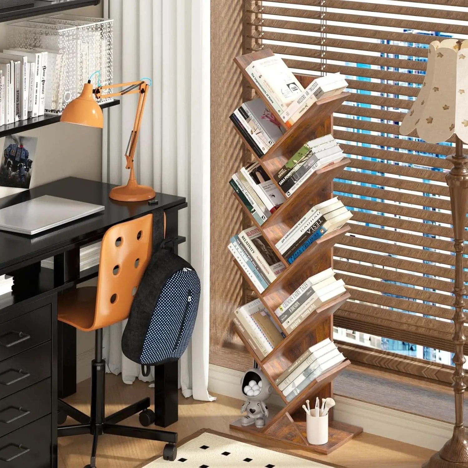 10 Tier Tree Bookshelf Brown Wood Floor Standing Bookcase For Living Room Decor Storage from PriceLows™