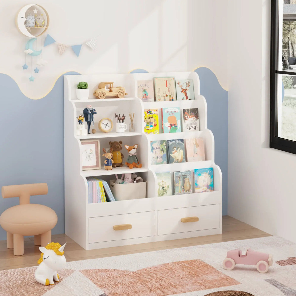 Front Facing Bookshelf | 2 Storage Drawers | Multi Tier Design | White