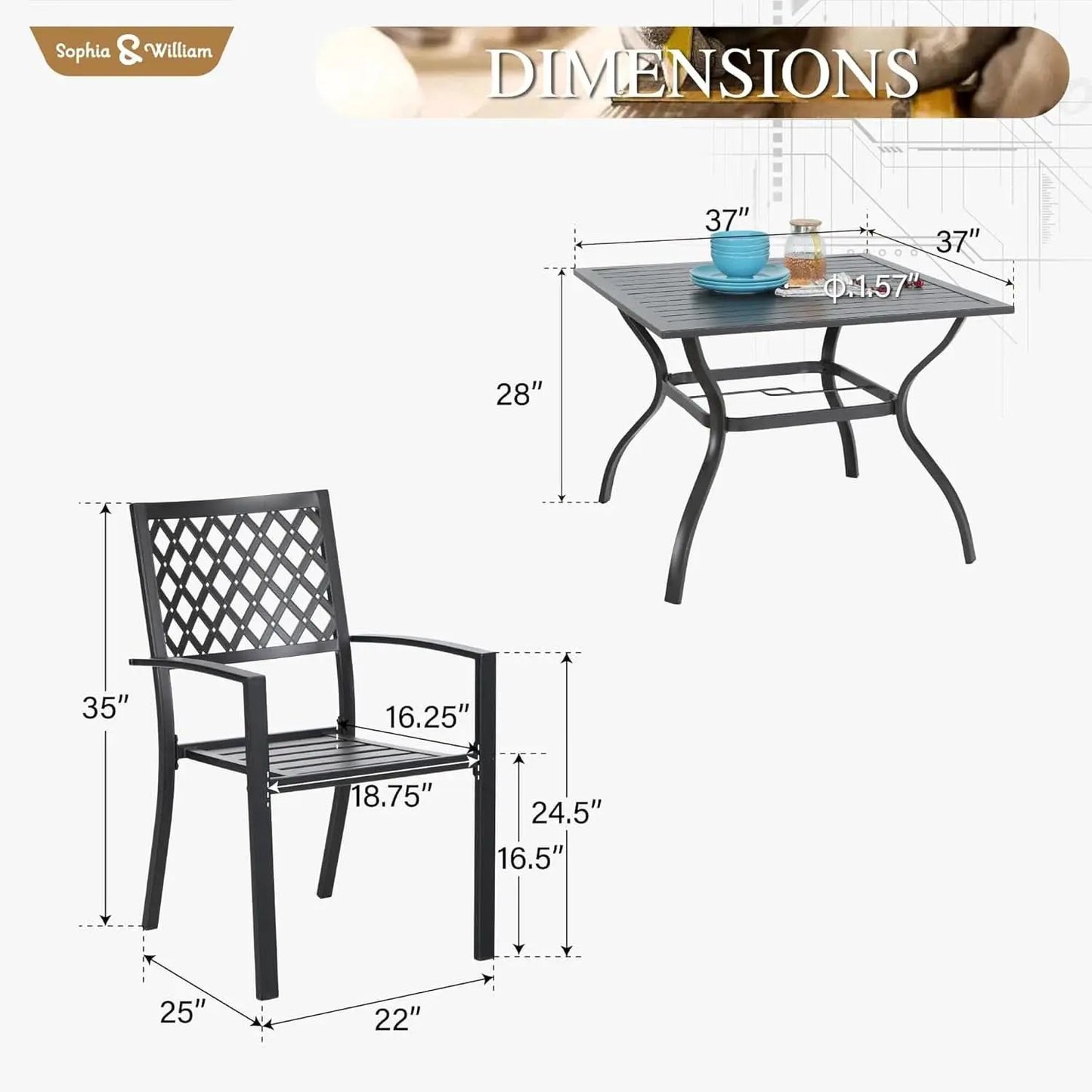 Patio Table And Chairs Set Black 37 Inch Square Table For 4 from PriceLows™