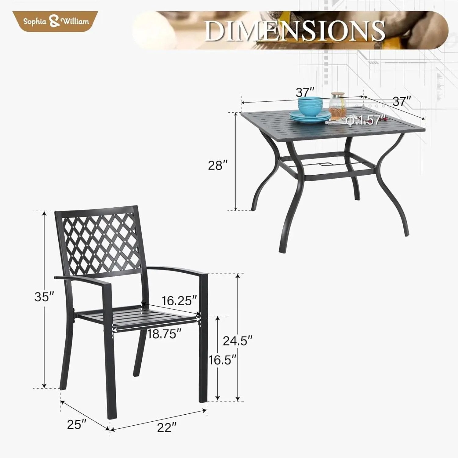 Patio Table And Chairs Set Black 37 Inch Square Table For 4 from PriceLows™