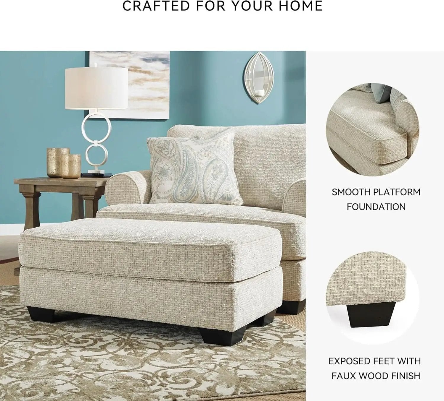 Beige Chenille Upholstered Ottoman With Cushioned Comfort from PriceLows™