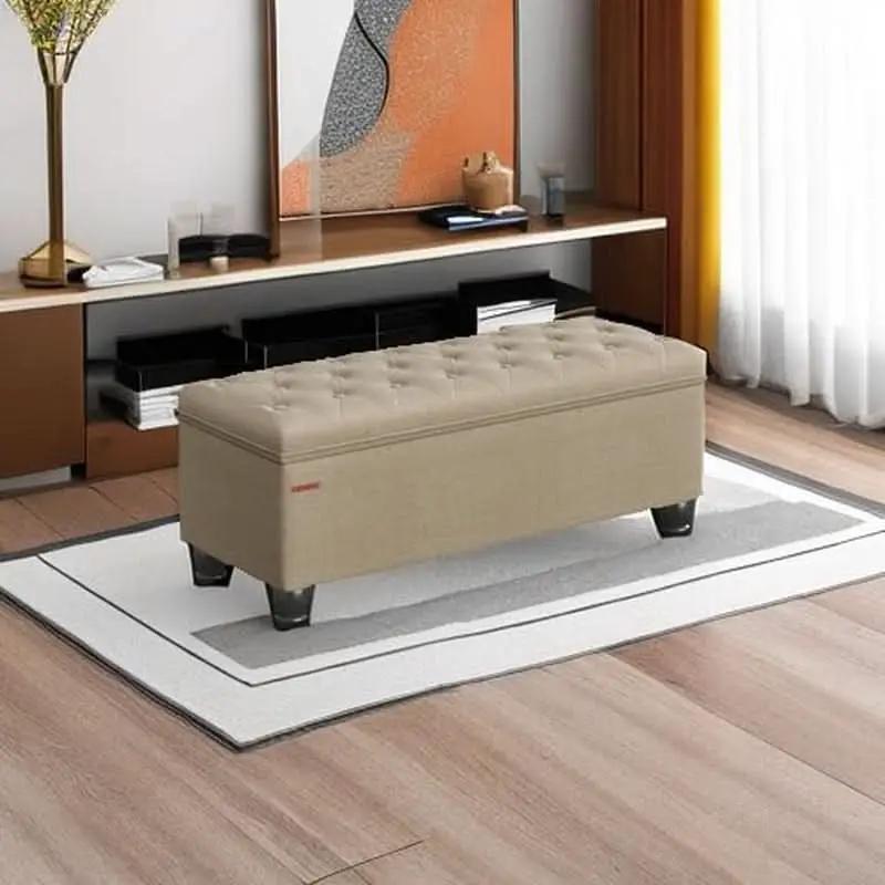 Camel Brown Linen Storage Ottoman Bench Reinforced from PriceLows™