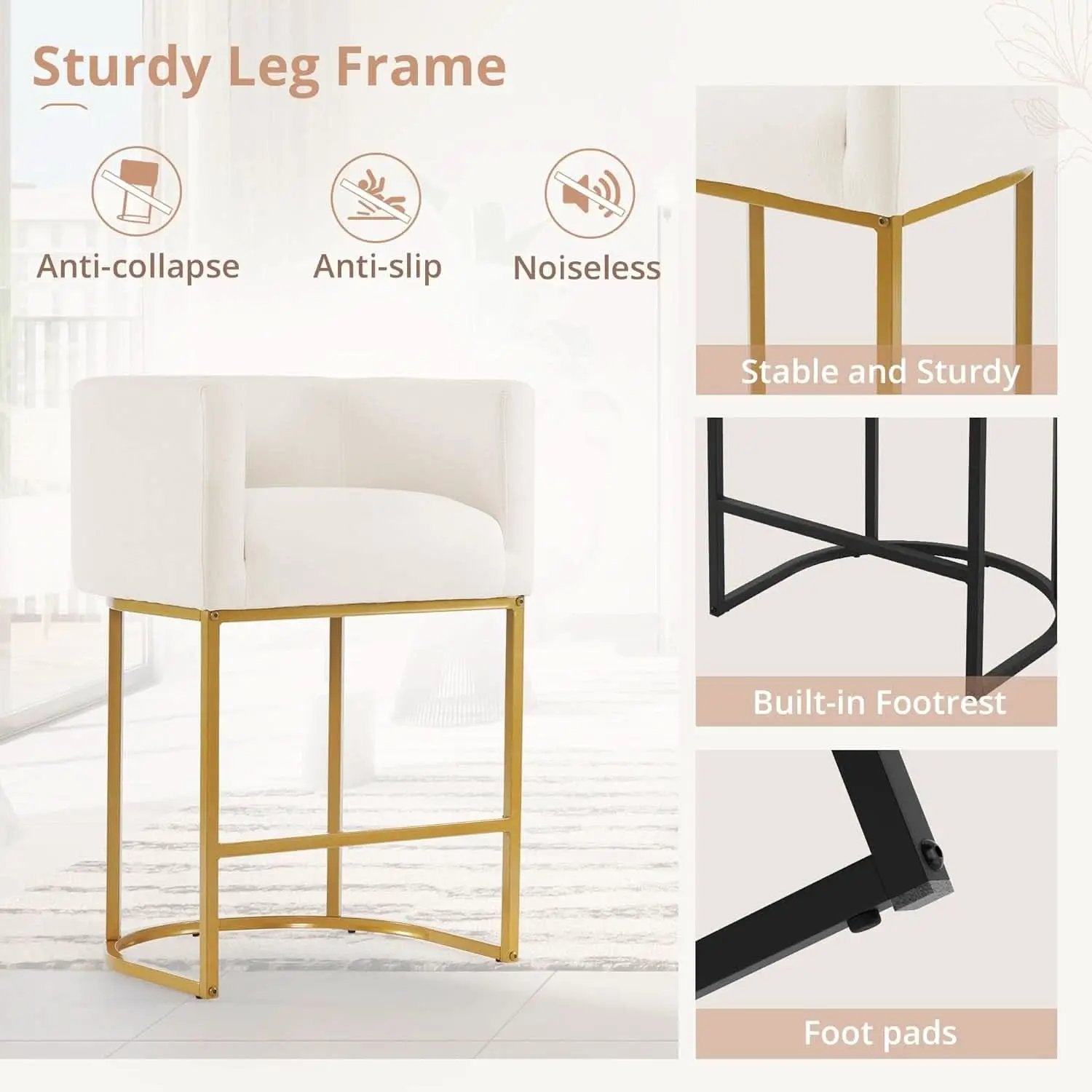 27 Inch Counter Height Bar Stools With Backrest And Arms Gold Metal Frames Beige Linen Upholstery from PriceLows™