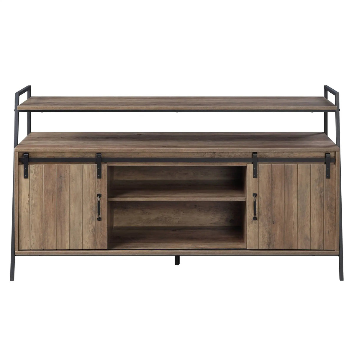 Rashawn Rustic TV Stand | Sliding Barn Doors | Oak Finish | Metal Frame And Composite Wood