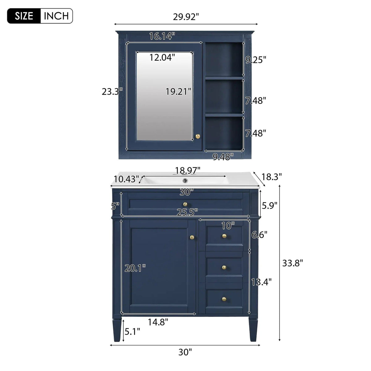 Bathroom Vanity With Top Sink, 2 Doors And 3 Drawers, Freestanding Set With Mirror | Vanity & Cabinet | Solid Wood & Ceramic | Bathroom