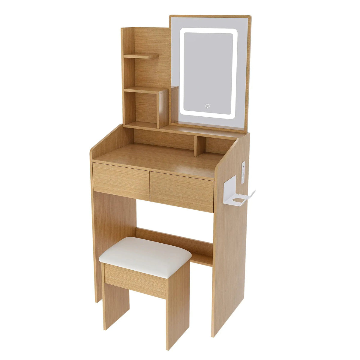 Vanity Table | Adjustable LED Mirror | Power Outlets | Padded Stool