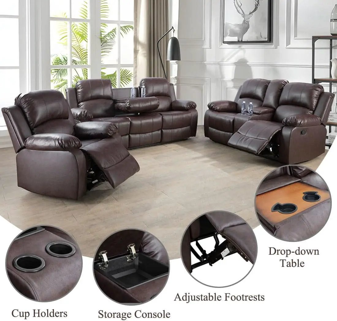 Brown 3 Piece Vegan Leather Recliner Sofa Set Cupholders from PriceLows™